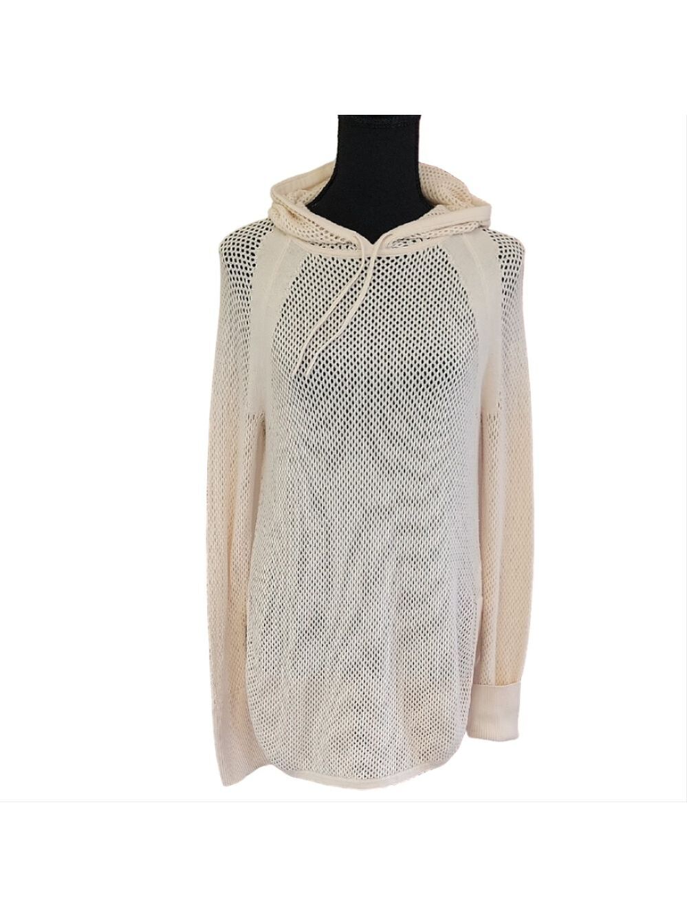 CAbi Cream Mesh Knit Hooded Sweater Size Small EUC